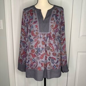 DR2 pink, Blue and grey Paisley Bohemian long sleeve flowy Blouse‎ size Large